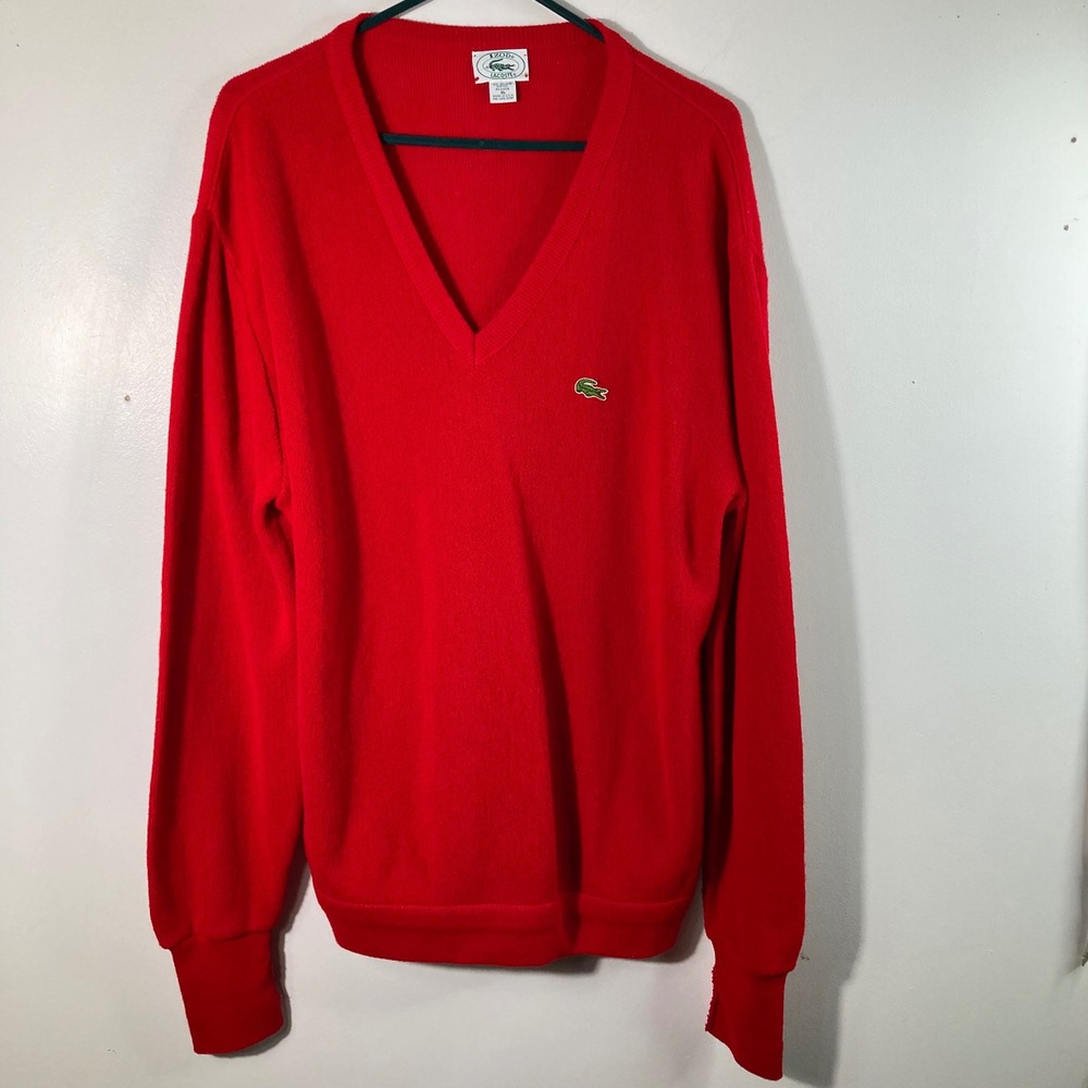 Vintage IZOD Lacoste Red V‎ Neck Sweater Mens XL 100% Orlon Acrylic USA Made